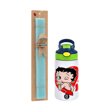 Betty Boop, Easter Set, Children's thermal stainless steel bottle with safety straw, green/blue (350ml) & aromatic flat Easter candle (30cm) (TURQUOISE)