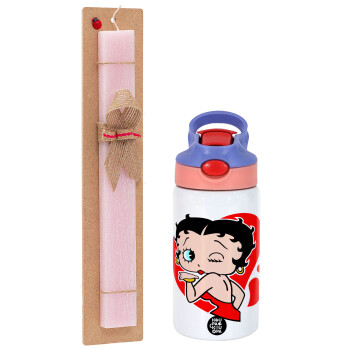 Betty Boop, Πασχαλινό Σετ, Παιδικό παγούρι θερμό, ανοξείδωτο, με καλαμάκι ασφαλείας, ροζ/μωβ (350ml) & πασχαλινή λαμπάδα αρωματική πλακέ (30cm) (ΡΟΖ)