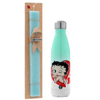 Betty Boop, Easter Set, Metallic green/white thermos (Stainless steel), double-walled, 500ml & scented flat Easter candle (30cm) (TURQUOISE)