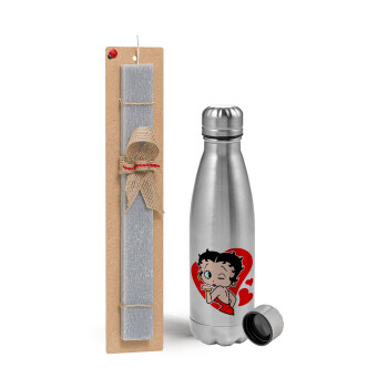 Betty Boop, Easter Set, metallic Inox water bottle (750ml) & aromatic flat Easter candle (30cm) (GRAY)