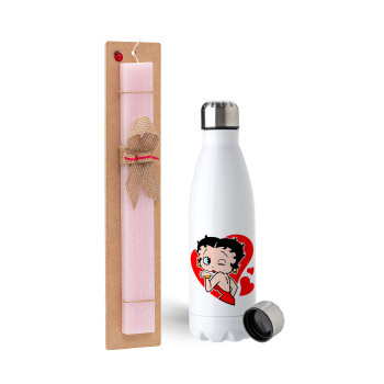 Betty Boop, Easter Set, metallic stainless steel water bottle (750ml) & scented flat Easter candle (30cm) (PINK)