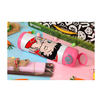 Betty Boop, Πασχαλινή Λαμπάδα με Παιδικό παγούρι θερμό, ανοξείδωτο, με καλαμάκι ασφαλείας, ΡΟΖ (500ml)