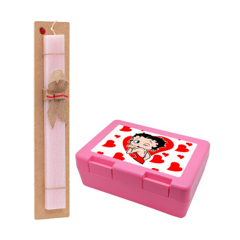 Betty Boop, Πασχαλινό Σετ, παιδικό δοχείο κολατσιού ΡΟΖ & πασχαλινή λαμπάδα αρωματική πλακέ (30cm) (ΡΟΖ)