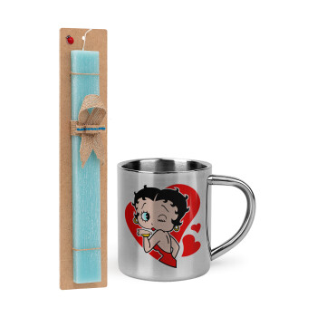 Betty Boop, Easter Set, metallic thermal cup (300ml) & aromatic flat Easter candle (30cm) (TURQUOISE)