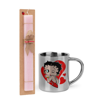 Betty Boop, Easter Set, metallic thermal cup (300ml) & aromatic flat Easter candle (30cm) (PINK)