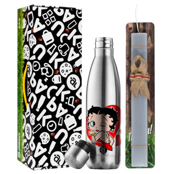Betty Boop, Easter Set, metallic stainless thermos flask (500ml) & scented flat Easter candle (30cm) (GRAY)