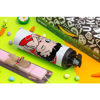 Betty Boop, Easter candle,Travel Tumbler 2 Lids, with metal straw & cleaning brush & aromatic flat candle (30cm) (PINK)