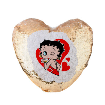 Betty Boop, Μαξιλάρι καναπέ καρδιά Μαγικό Χρυσό με πούλιες 40x40cm περιέχεται το  γέμισμα