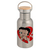 Stainless steel metallic thermos flask, silver with a bamboo lid, double-walled, 350ml.