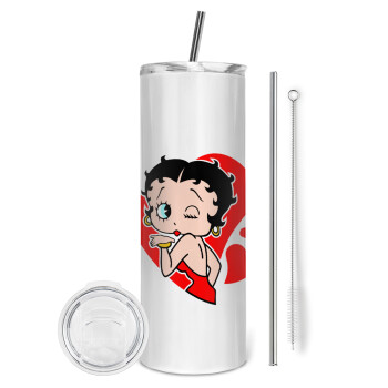 Betty Boop, Eco friendly ποτήρι θερμό (tumbler) από ανοξείδωτο ατσάλι 600ml, με μεταλλικό καλαμάκι & βούρτσα καθαρισμού