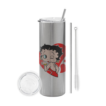 Betty Boop, Eco friendly stainless steel Silver tumbler 600ml, with metal straw & cleaning brush