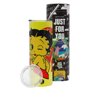 Betty Boop, Neon Yellow Travel Tumbler, with metal straw (Stainless steel 304 Food grade, BPA free, 600ml)