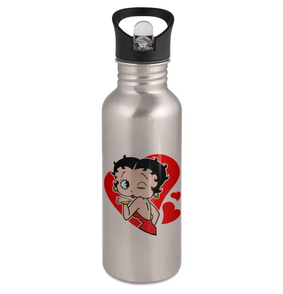Betty Boop — Παγούρι νερού Ασημένιο με καλαμάκι, ανοξείδωτο ατσάλι 600ml