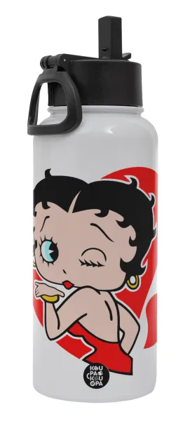 Betty Boop — Metal mug thermo White with Straw and Spout Lid (Stainless steel), double wall, 950ml