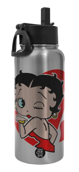 Betty Boop — Μεταλλικό παγούρι θερμός Silver με καλαμάκι και χερούλι (Stainless steel), διπλού τοιχώματος, 950ml