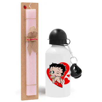 Betty Boop, Πασχαλινή Λαμπάδα με παγούρι μεταλλικό αλουμινίου (500ml) & κερί αρωματικό πλακέ (30cm) (ΡΟΖ)