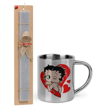 Betty Boop, Πασχαλινή Λαμπάδα με μεταλλική κούπα θερμό (300ml) & κερί αρωματικό πλακέ (30cm) (ΓΚΡΙ)