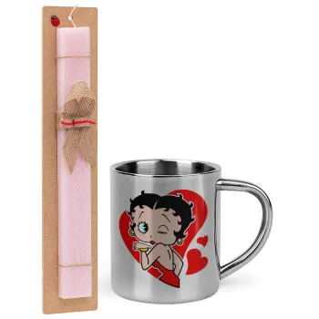 Betty Boop, Πασχαλινή Λαμπάδα με μεταλλική κούπα θερμό (300ml) & κερί αρωματικό πλακέ (30cm) (ΡΟΖ)