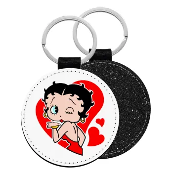 Betty Boop, Μπρελόκ Δερματίνη, στρογγυλό ΜΑΥΡΟ (5cm)