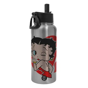 Betty Boop, Metal mug thermo Silver with Straw and Spout Lid (Stainless steel), double wall, 950ml