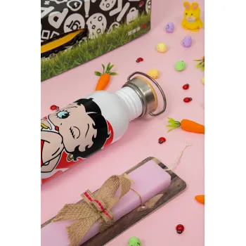 Betty Boop, Πασχαλινή Λαμπάδα με παγούρι μεταλλικό (620ml, stainless steel) & κερί αρωματικό πλακέ (30cm) (ΡΟΖ)