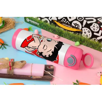 Betty Boop, Πασχαλινή Λαμπάδα με Παιδικό παγούρι θερμό, ανοξείδωτο, με καλαμάκι ασφαλείας, ΡΟΖ (500ml)