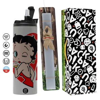 Betty Boop, Πασχαλινή Λαμπάδα με Travel Tumbler θερμό (600ml, BPA free) & κερί αρωματικό πλακέ (30cm) (ΓΚΡΙ)