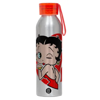 Betty Boop, Αλουμινένιο Αθλητικό Μπουκάλι 650ml – Ασημί με Κόκκινο Καπάκι και Λουράκι Σιλικόνης