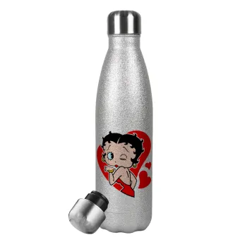 Betty Boop, Μεταλλικό παγούρι θερμός Glitter Aσημένιο (Stainless steel), διπλού τοιχώματος, 500ml