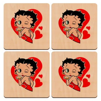Betty Boop, ΣΕΤ x4 Σουβέρ ξύλινα τετράγωνα plywood (9cm)