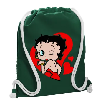 Betty Boop, Τσάντα πλάτης πουγκί GYMBAG BOTTLE GREEN, με τσέπη (40x48cm) & χονδρά λευκά κορδόνια