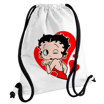 Betty Boop, Τσάντα πλάτης πουγκί GYMBAG λευκή, με τσέπη (40x48cm) & χονδρά κορδόνια