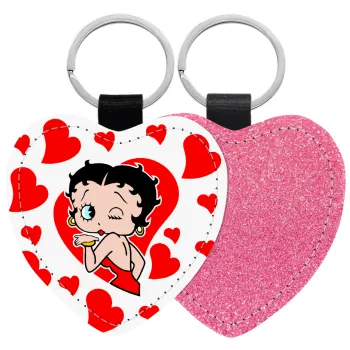 Betty Boop, Μπρελόκ PU δερμάτινο glitter καρδιά ΡΟΖ