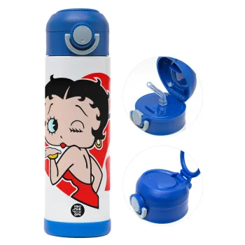 Betty Boop, Children's hot water bottle, stainless steel, with safety straw, BLUE (500ml)