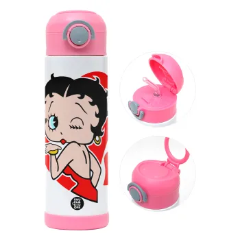 Betty Boop, Children's hot water bottle, stainless steel, with safety straw, PINK (500ml)