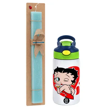 Betty Boop, Easter Set, Children's thermal stainless steel bottle with safety straw, green/blue (350ml) & aromatic flat Easter candle (30cm) (TURQUOISE)