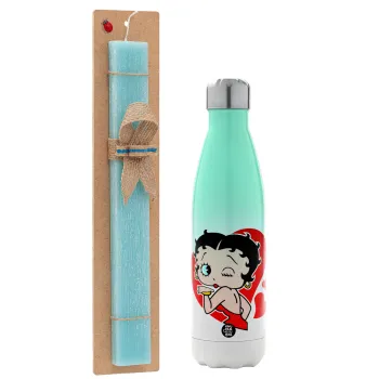 Betty Boop, Easter Set, Metallic green/white thermos (Stainless steel), double-walled, 500ml & scented flat Easter candle (30cm) (TURQUOISE)