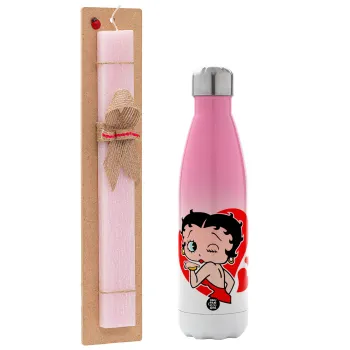 Betty Boop, Easter Set, Metallic pink/white (Stainless steel) thermos, double-walled, 500ml & aromatic flat Easter candle (30cm) (PINK)