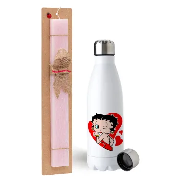 Betty Boop, Easter Set, metallic stainless steel water bottle (750ml) & scented flat Easter candle (30cm) (PINK)