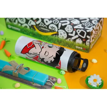Betty Boop, Πασχαλινή Λαμπάδα με Travel Tumbler θερμό με διπλό καπάκι (600ml, BPA free) & κερί αρωματικό πλακέ (30cm) (ΤΙΡΚΟΥΑΖ)