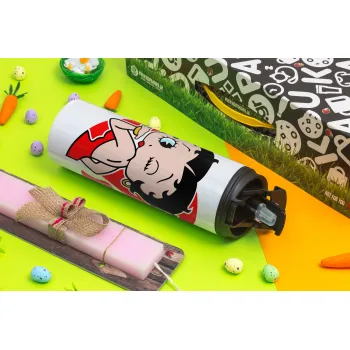 Betty Boop, Πασχαλινή Λαμπάδα με Travel Tumbler θερμό με διπλό καπάκι (600ml, BPA free) & κερί αρωματικό πλακέ (30cm) (ΡΟΖ)