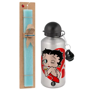 Betty Boop, Πασχαλινή Λαμπάδα με παγούρι μεταλλικό Ασημένιο αλουμινίου (500ml) & κερί αρωματικό πλακέ (30cm) (ΤΙΡΚΟΥΑΖ)