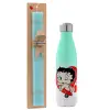 Easter Set, Metallic green/white thermos (Stainless steel), double-walled, 500ml & scented flat Easter candle (30cm) (TURQUOISE)