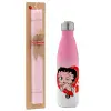 Easter Set, Metallic pink/white (Stainless steel) thermos, double-walled, 500ml & aromatic flat Easter candle (30cm) (PINK)