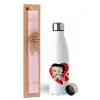Easter Set, metallic stainless steel water bottle (750ml) & scented flat Easter candle (30cm) (PINK)