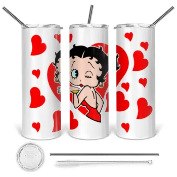 Betty Boop, Tumbler ποτήρι θερμό από ανοξείδωτο ατσάλι 600ml, με μεταλλικό καλαμάκι & βούρτσα καθαρισμού