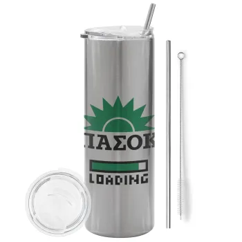 ΠΑΣΟΚ Loading, Tumbler ποτήρι θερμό Ασημένιο από ανοξείδωτο ατσάλι 600ml, με μεταλλικό καλαμάκι & βούρτσα καθαρισμού