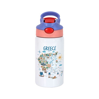 Greek map, Children's hot water bottle, stainless steel, with safety straw, pink/purple (350ml)