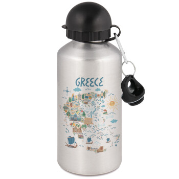 Greek map, Metallic water jug, Silver, aluminum 500ml