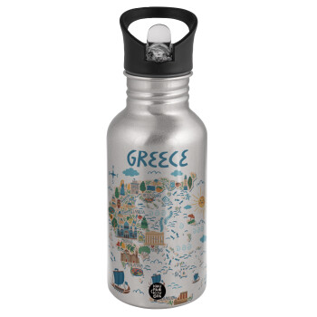 Greek map, Water bottle Silver with straw, stainless steel 500ml